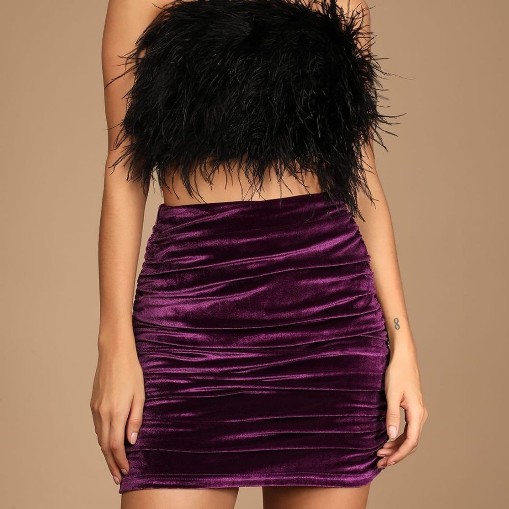 Lulu's - Right Here, Right Wow Purple Velvet Ruched Mini Skirt - Picture 2 of 5